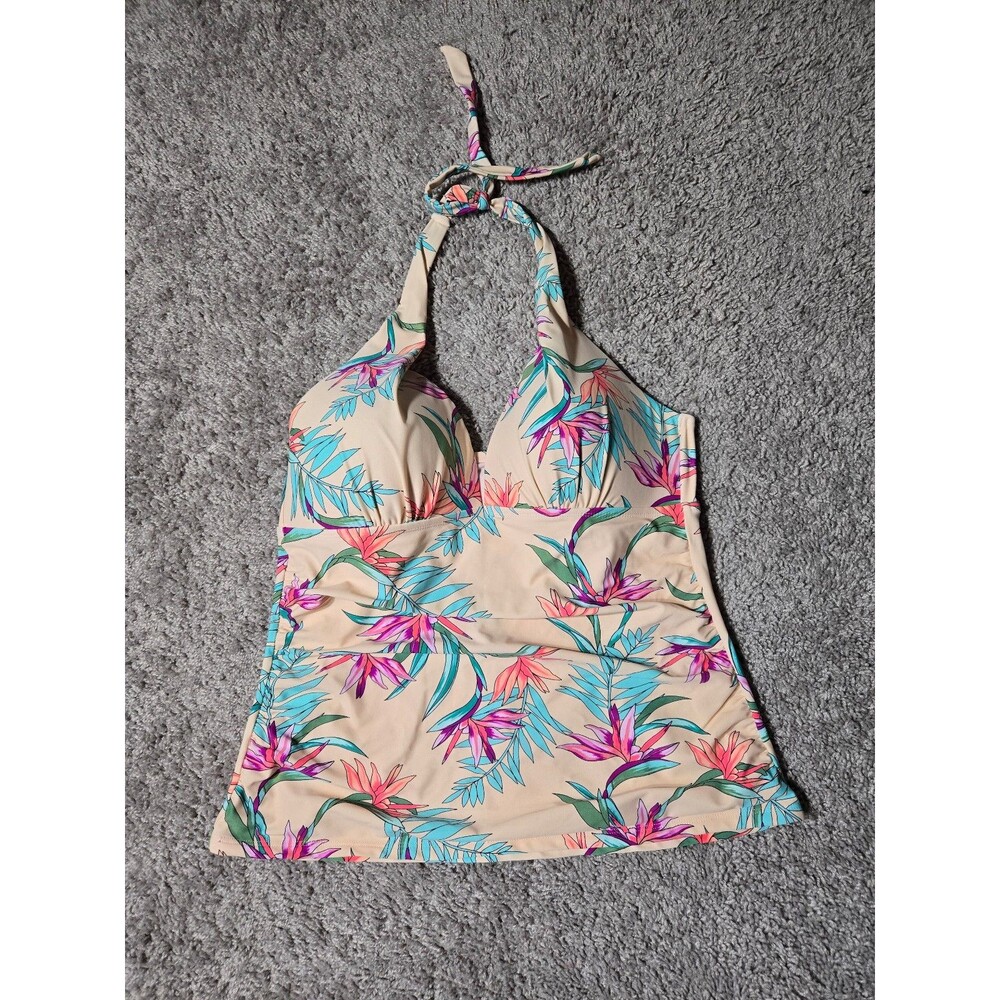 Dip Women's Tankini Swim Top Floral Cups Size Large Pink Hawaiian Tie Halter